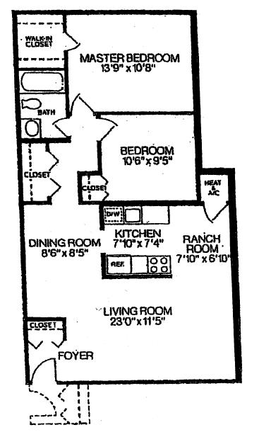 Floor plan for 2 beds, 1 bath, 953 sqft